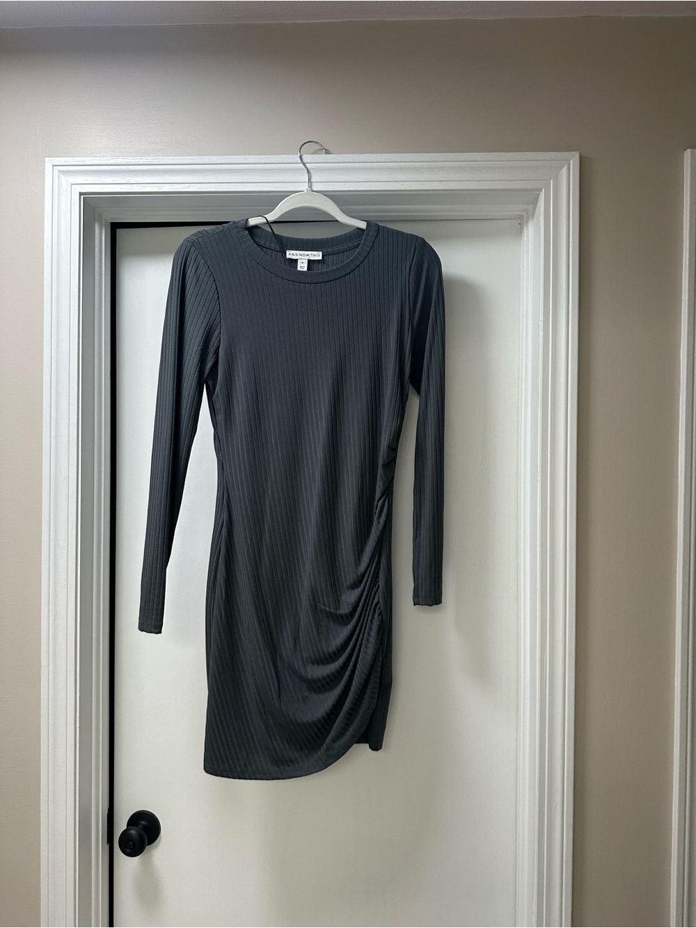 Macy's Charcoal Ribbed Long-Sleeve Ruched Side Dress